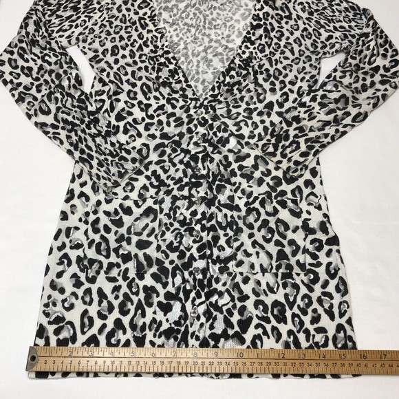 White House Black Market SMALL Long Cardigan Sweater Leopard Print Silver Button - Picture 7 of 11